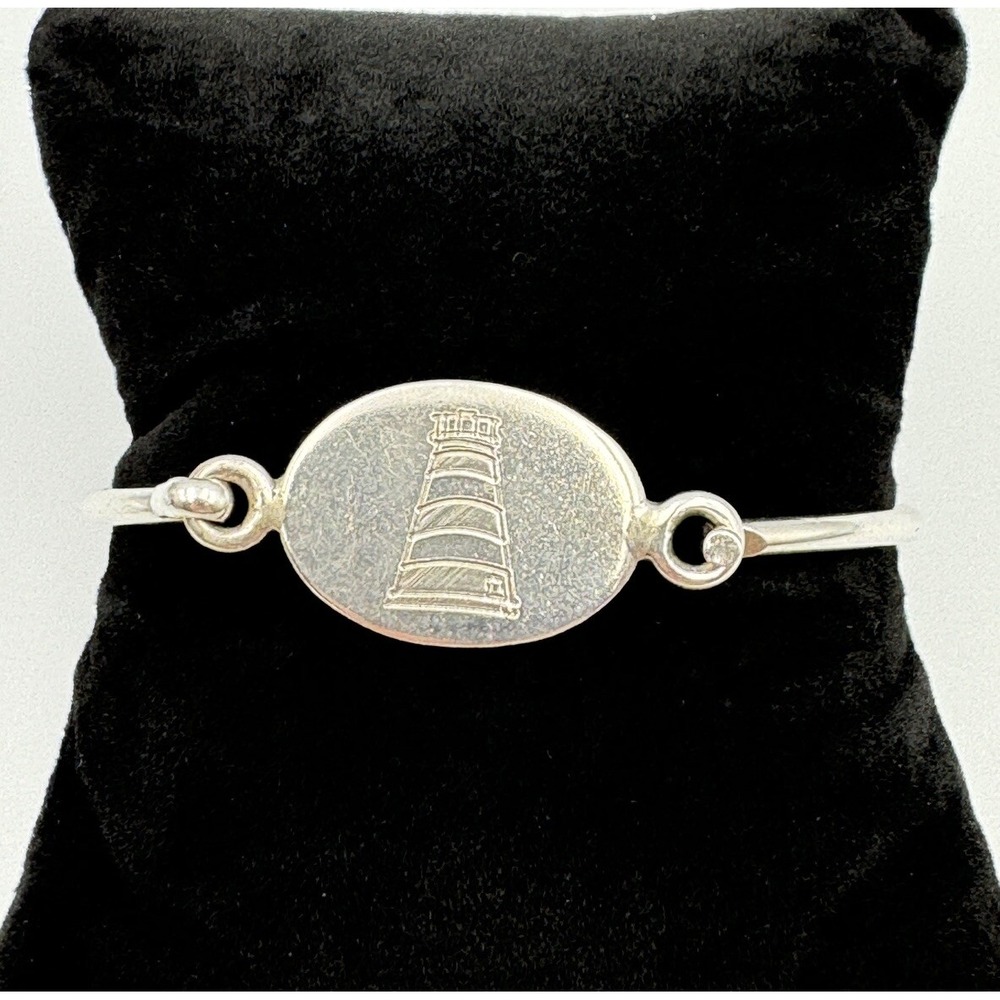 Sterling Silver 925 Bracelet Oval Hook Lighthouse Etched Bangle Estate Jewelry
